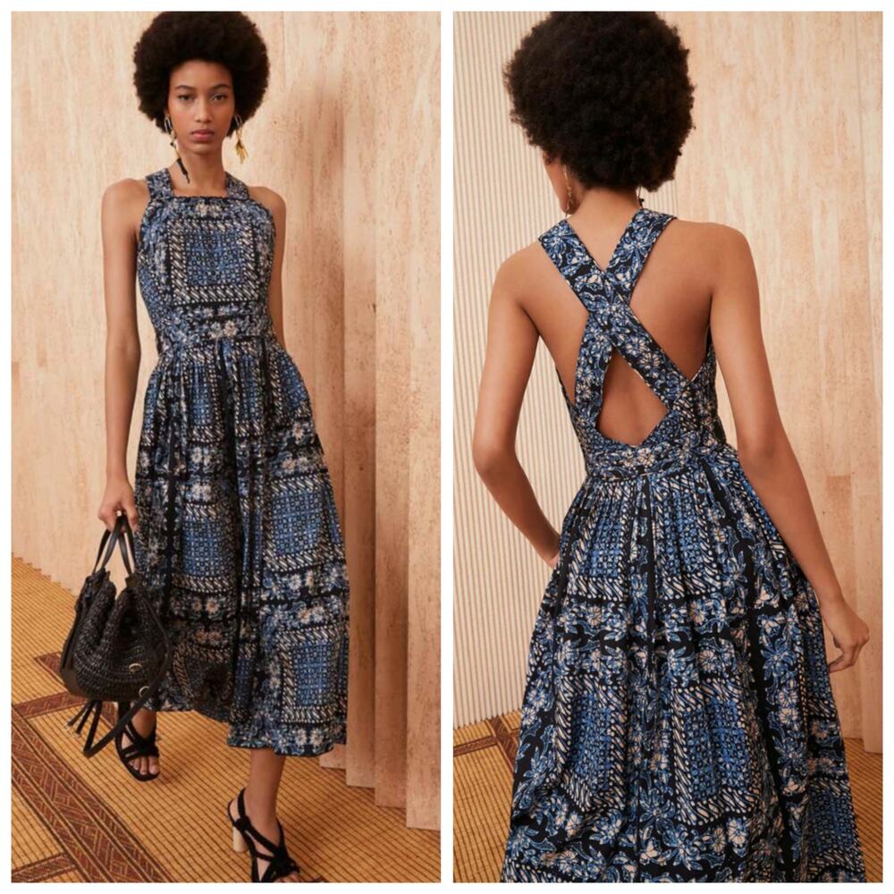 Ulla Johnson Blue and Black Midi Dress NWT